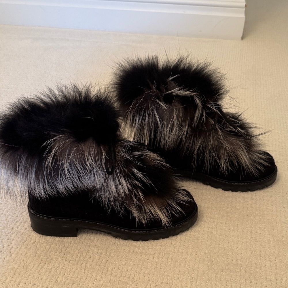 Stuart Weitzman Black and Gray Fur Ankle Boots
